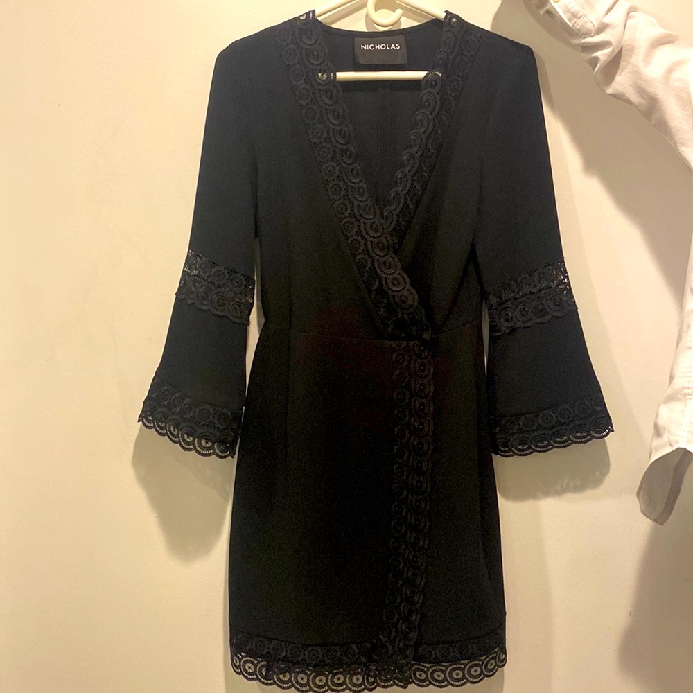 Black Nicholas long sleeve mini dress with lace detailing